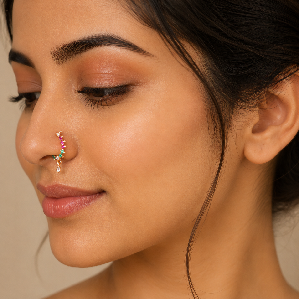 Multicolour Crystal-Style Curved Nose Ring with Teardrop