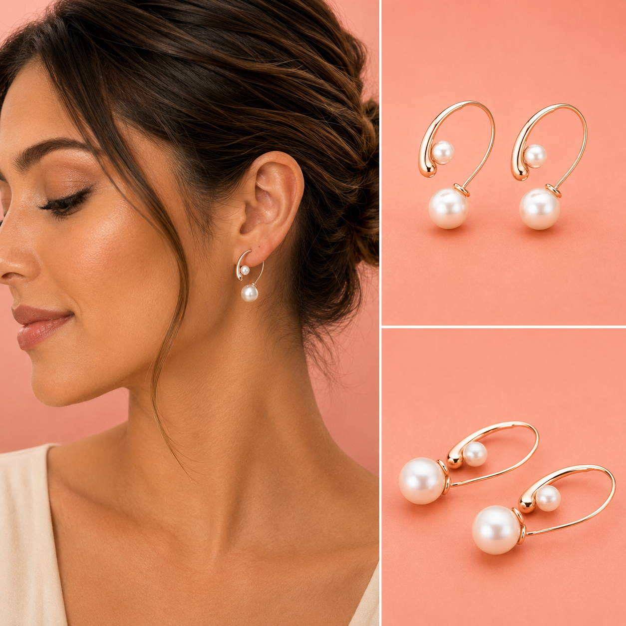 Rose-Gold Double Pearl Open-Hoop Earrings