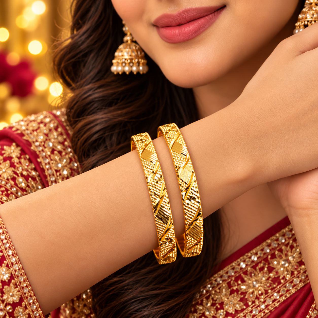 Diagonal Ribbon Textured Gold-Tone Bangles – Set of 2