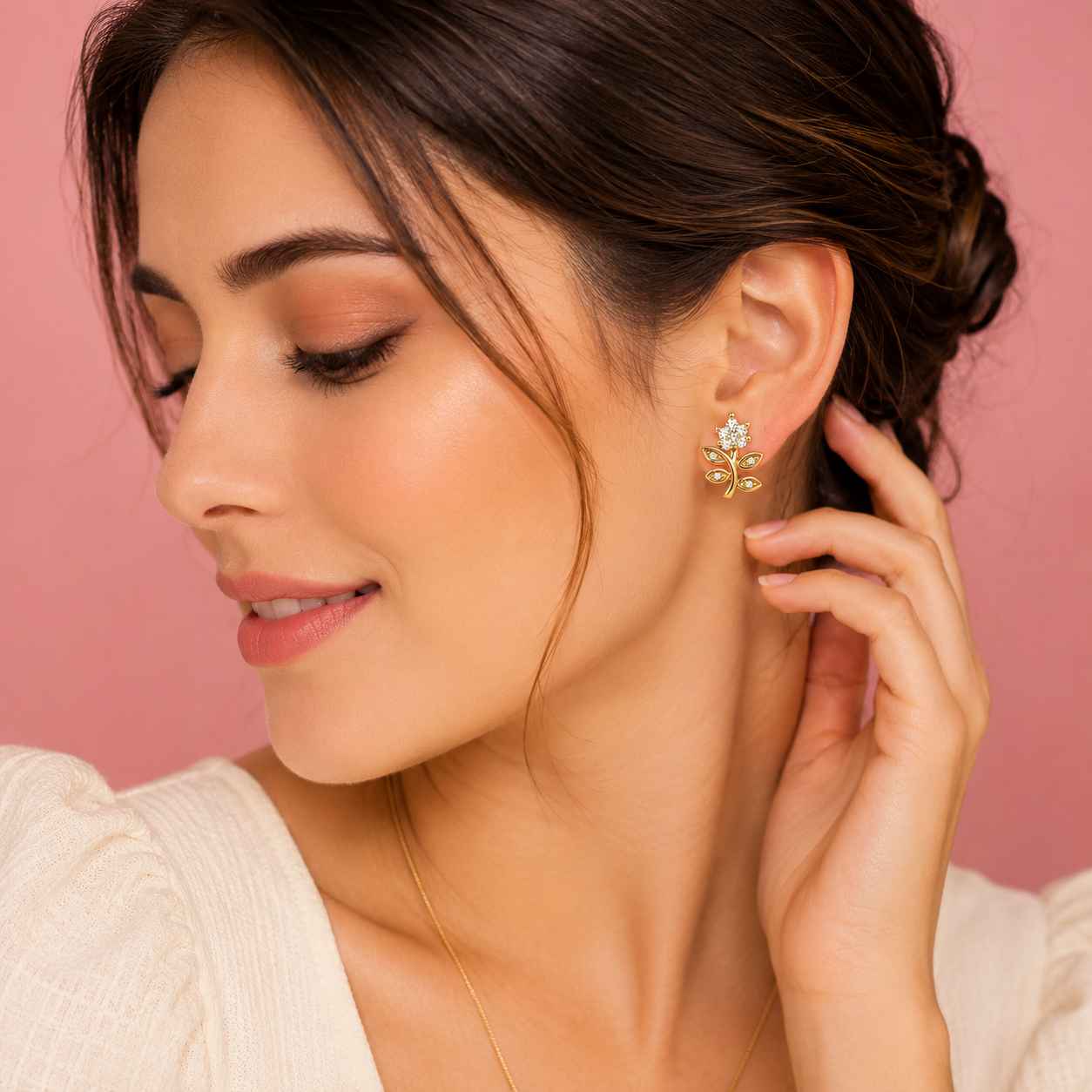 Crystal Blossom Leaf Gold-Tone Stud Earrings