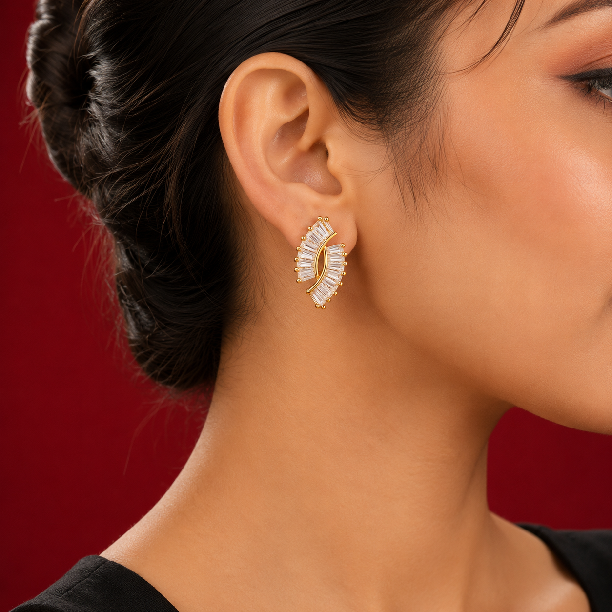 Baguette Fan Gold-Tone Stud Earrings