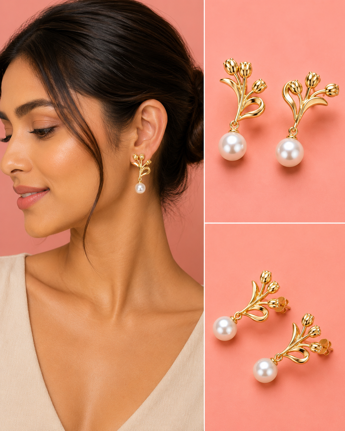 Golden Tulip Pearl Drop Earrings