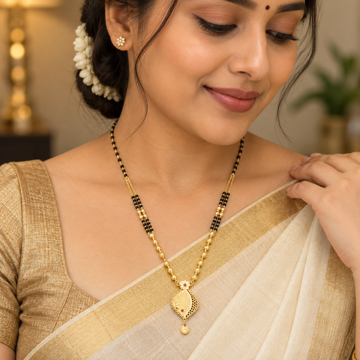 Traditional Double-Line Black Bead Pendant Mangalsutra