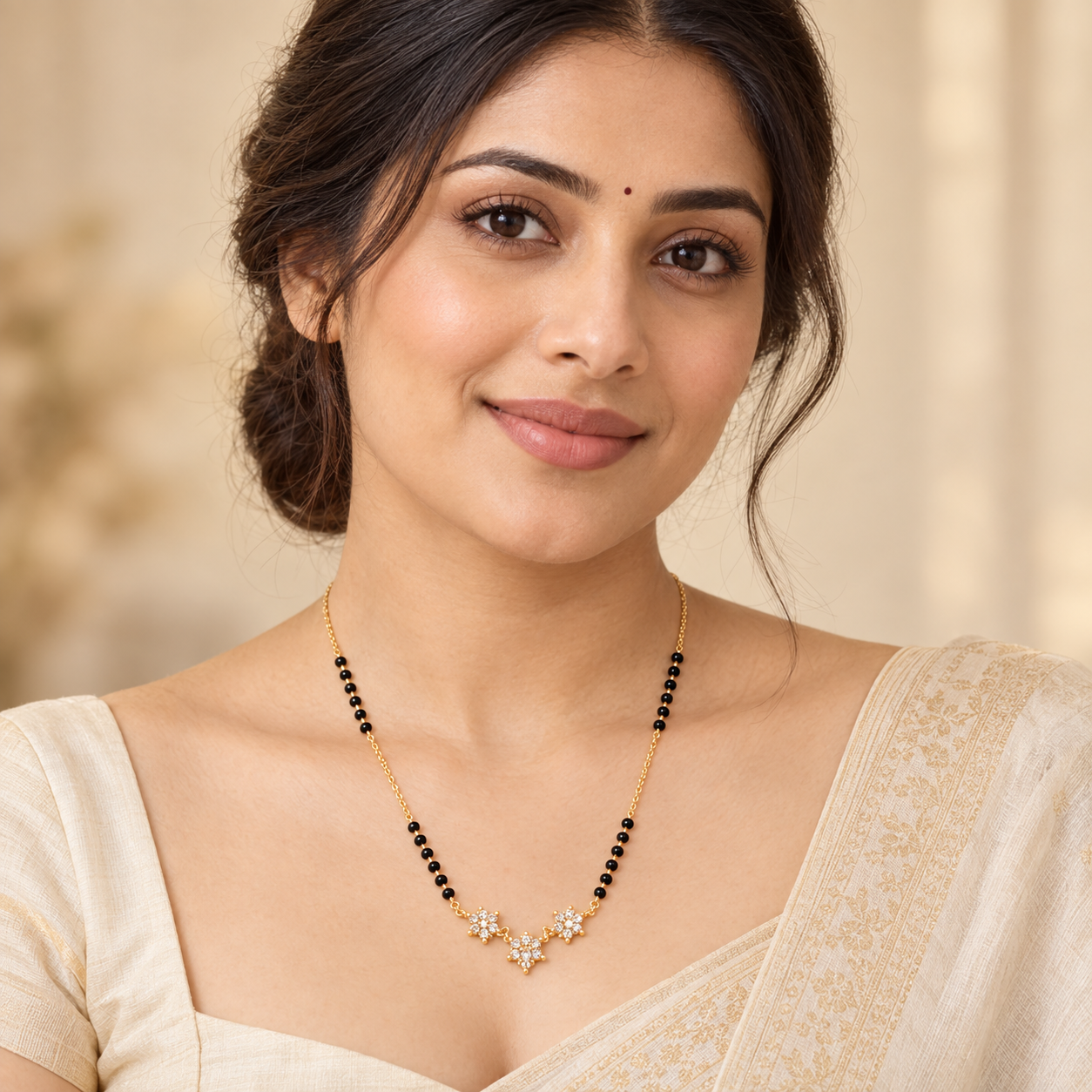 Delicate Floral Trio CZ Gold Mangalsutra