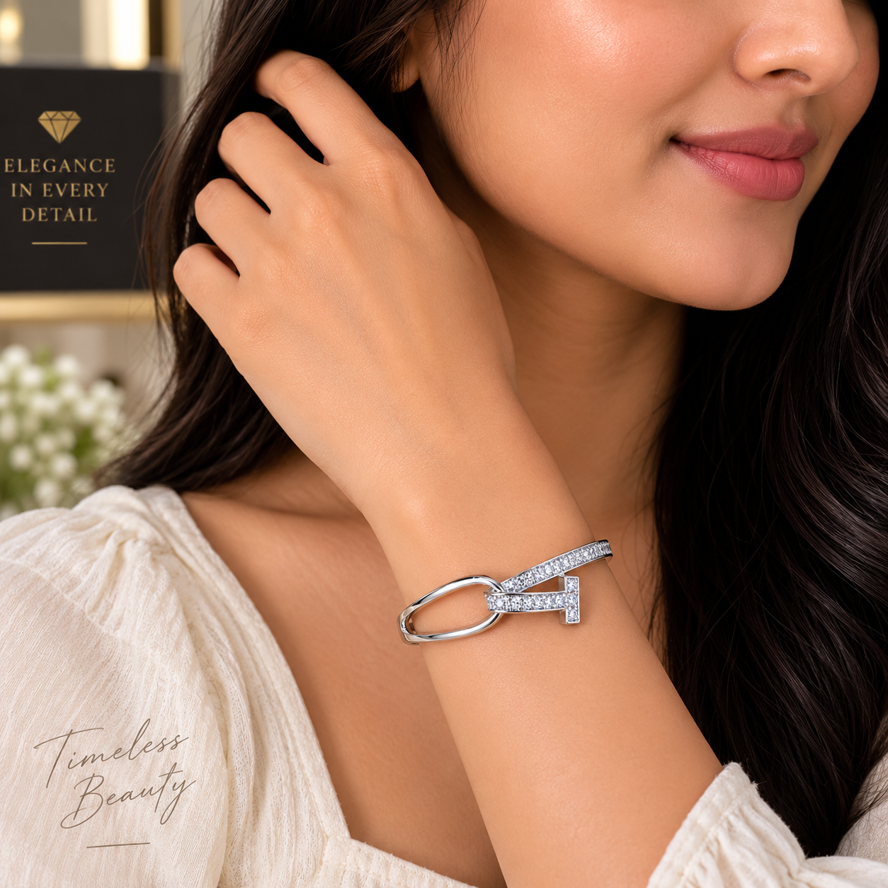 Silver Loop & Bar Crystal Statement Bracelet