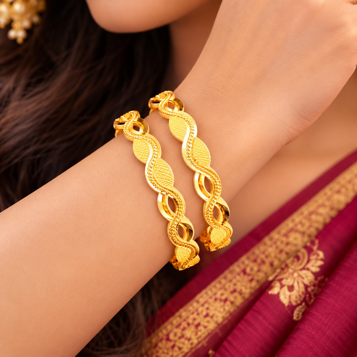 Gold-Tone Twisted Leaf Bangles – Set of 2