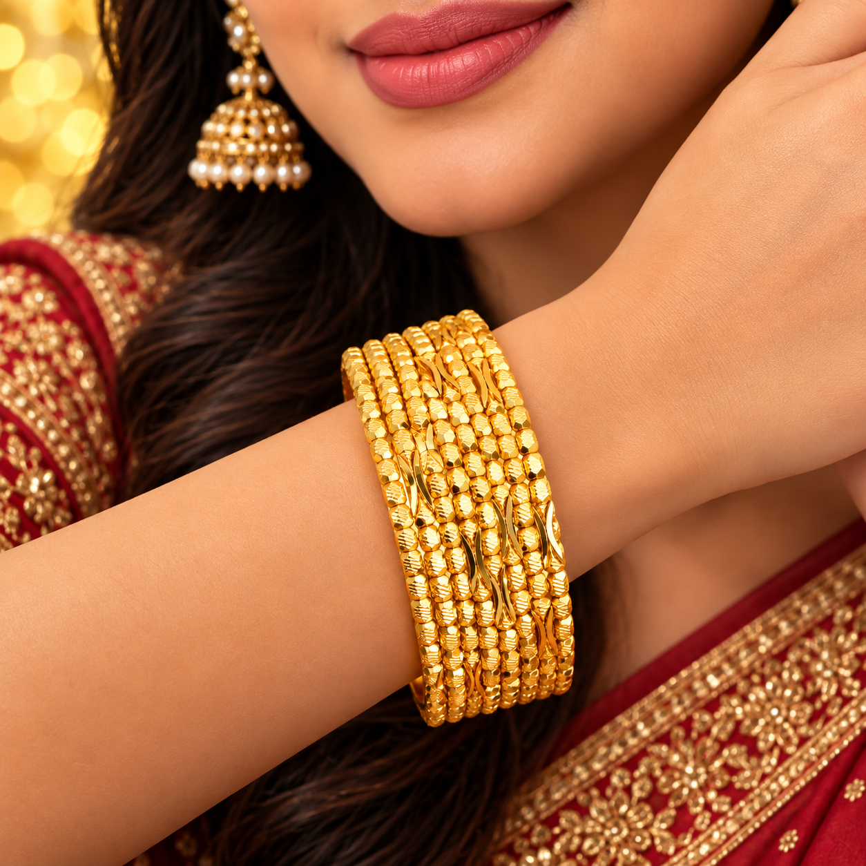 Textured Wave Gold-Tone Bangle Stack