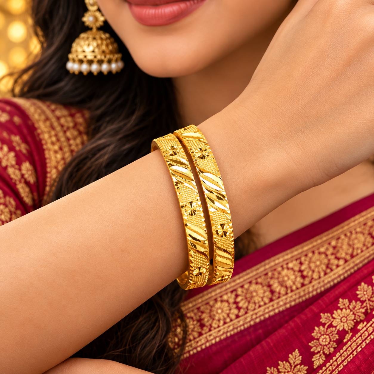 Diagonal Pattern Gold-Tone Bangles – Set of 2