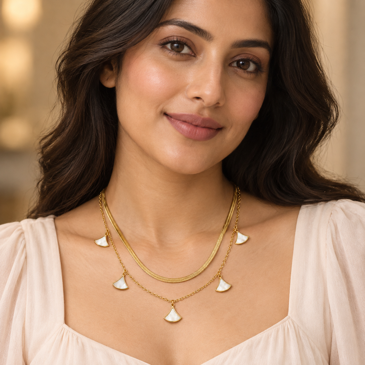 Modern Layered Snake & Fan Shell Charm Gold Necklace