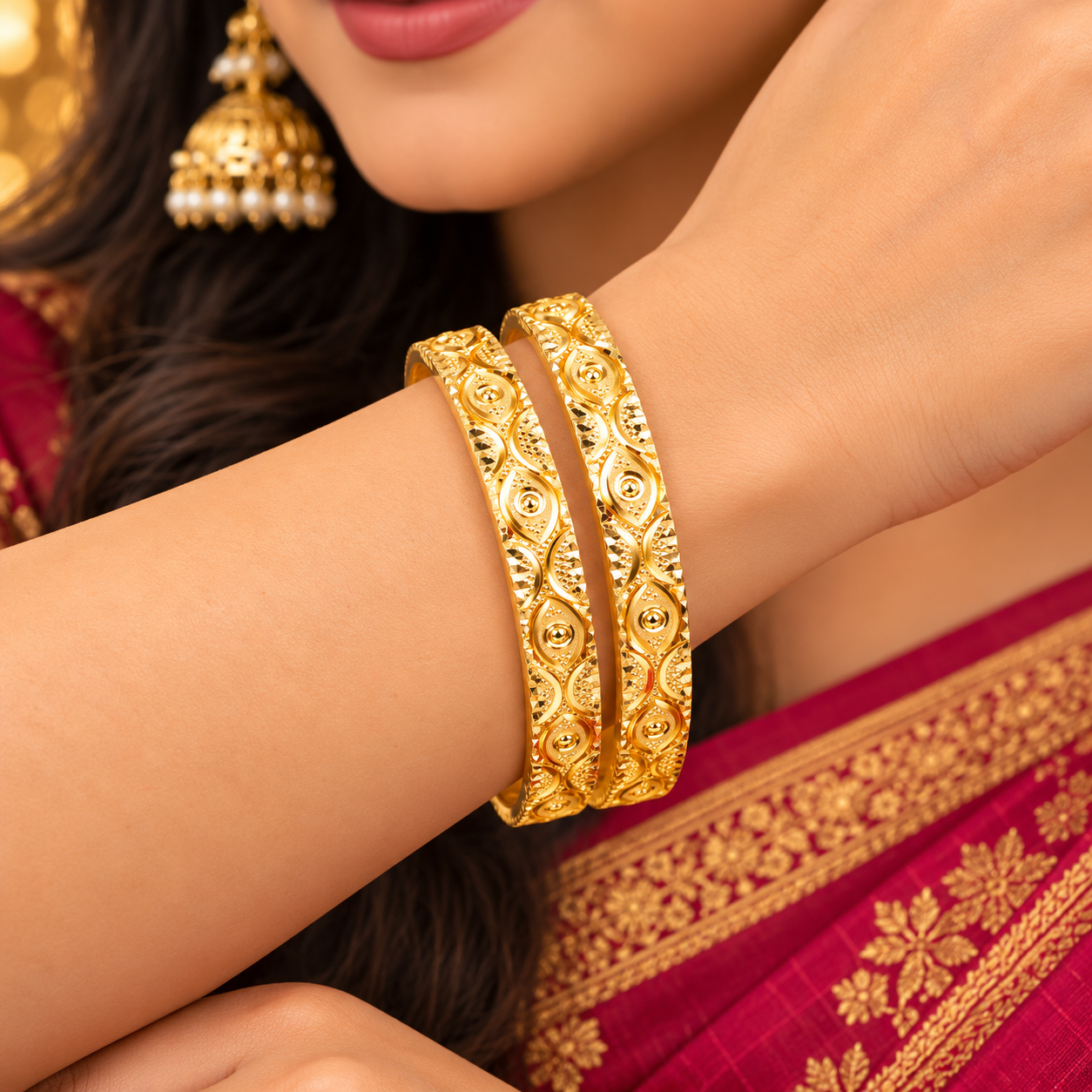 Ornate Circular Motif Gold-Tone Bangles