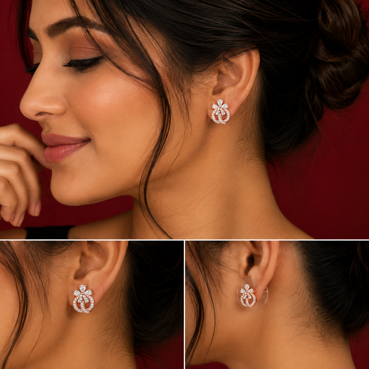 Crystal Bow Loop Rose-Tone Stud Earrings