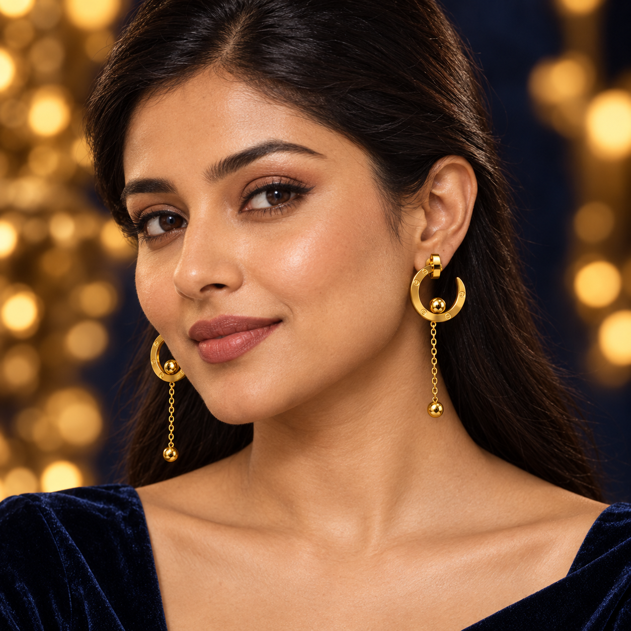 Modern Crescent Hoop Chain Drop Gold Earrings