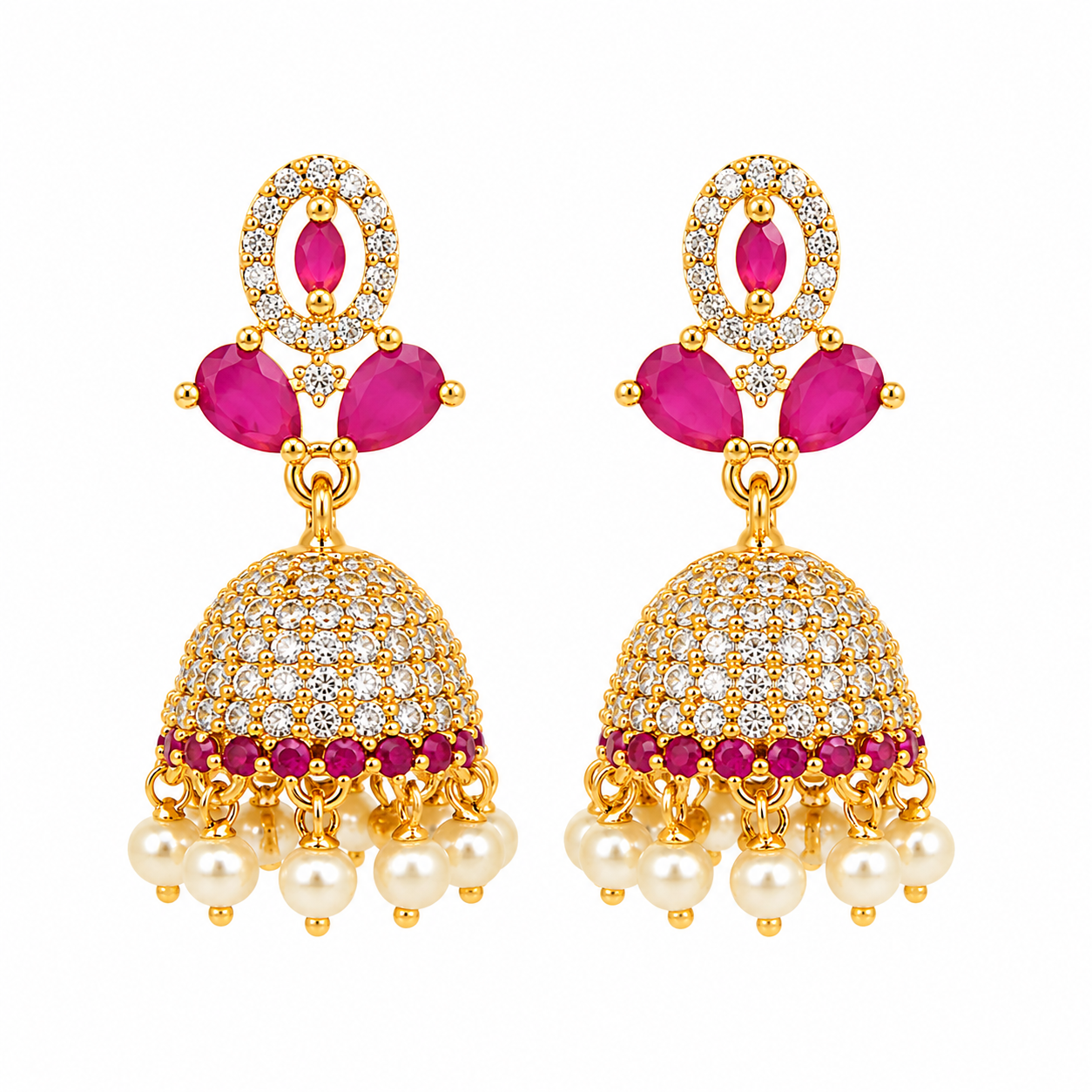 Ruby Pink Stone Gold-Plated Jhumka Earrings