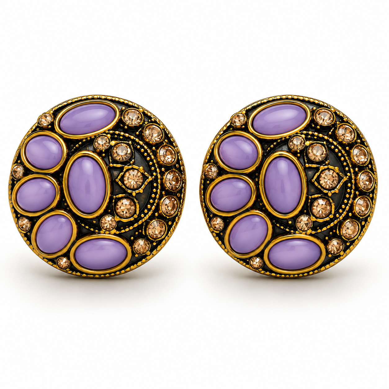Vintage Purple Amethyst & Gold-Tone Rhinestone Round Brooch Pair