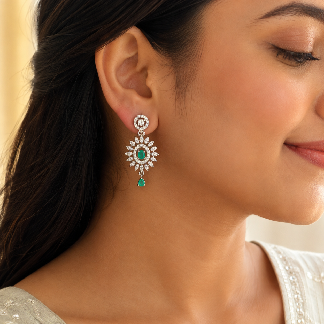 Elegant Emerald Floral Drop Earrings