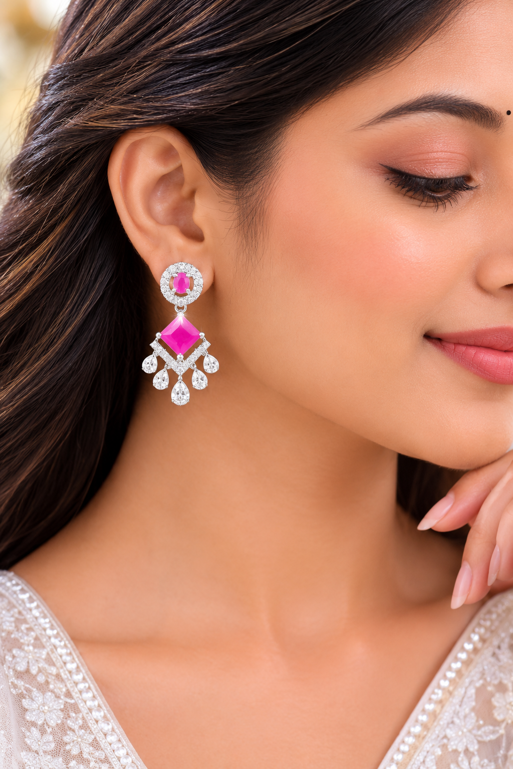 Pink Crystal Diamond-Style Chandbali Earrings