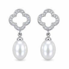 Silver Clover Pearl Drop Earrings
