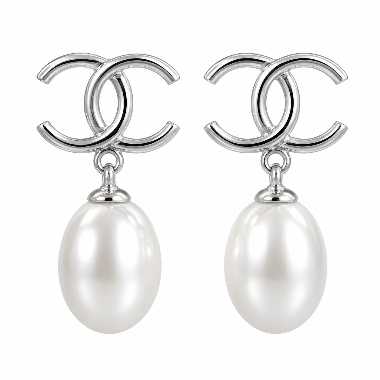 Chanel-Inspired Silver Double C Pearl Drop Earrings