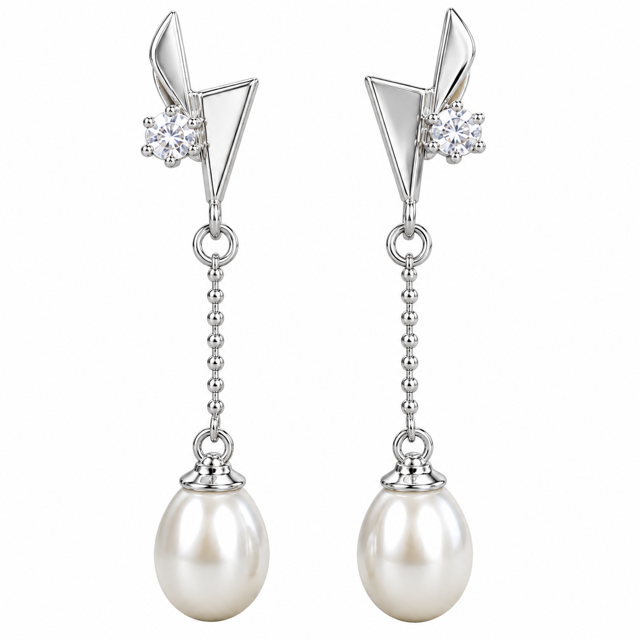 Pearl Drop Chain Earrings with Crystal Accent