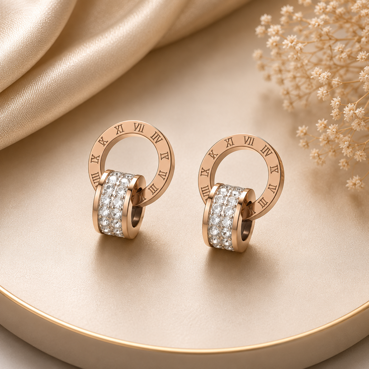 Rose Gold Roman Numeral Crystal Hoop Earrings