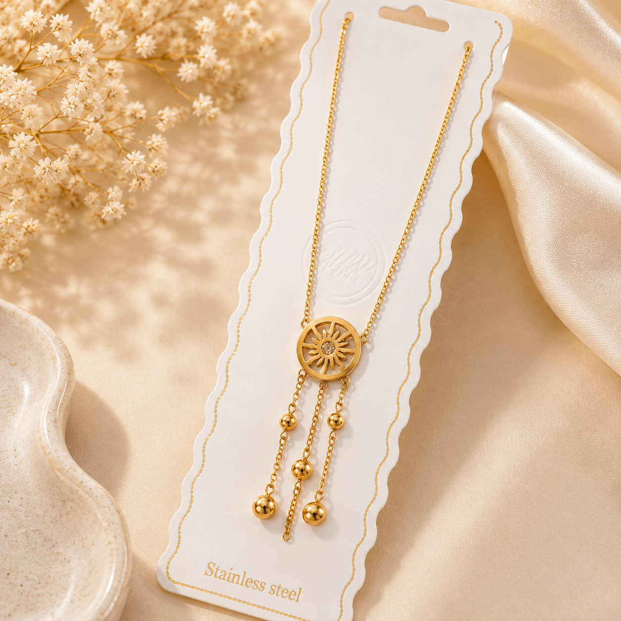 Golden Sunburst Beaded Tassel Necklace