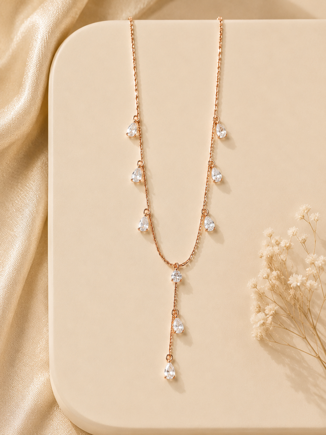 Rose Gold Pear-Cut Crystal Y-Lariat Necklace