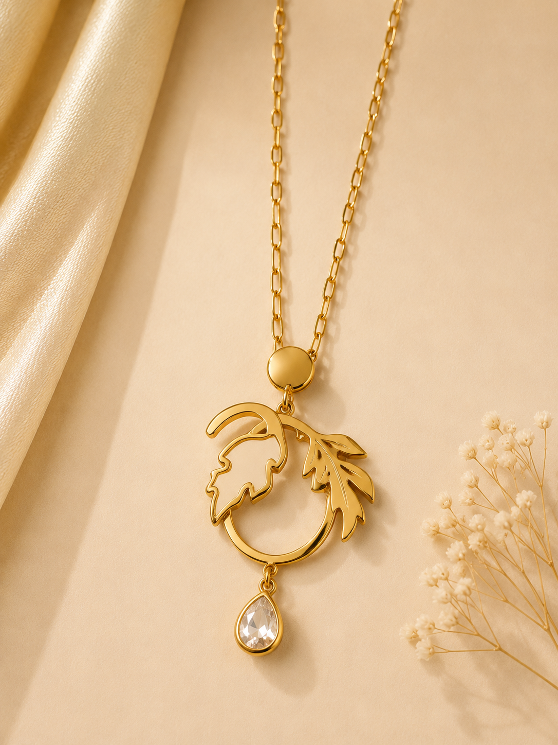 Golden Laurel Crystal Drop Pendant Necklace
