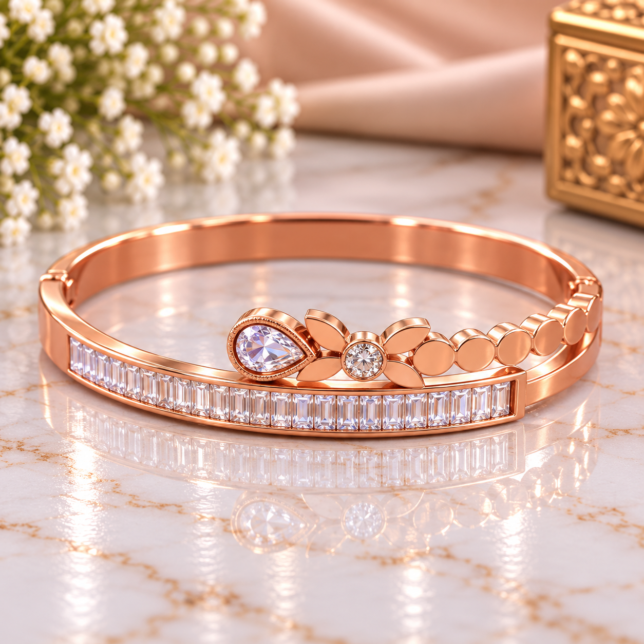 Rose Gold Crystal Leaf Bangle Bracelet