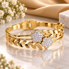 Golden Twin Floral Crystal Leaf Bracelet