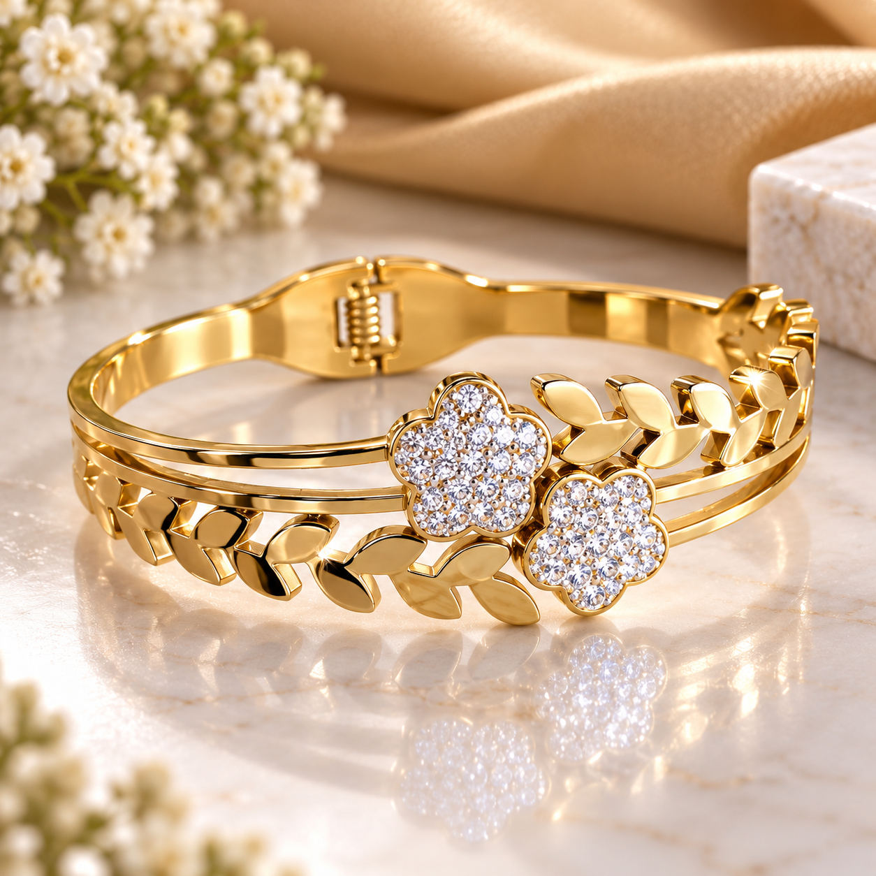 Golden Twin Floral Crystal Leaf Bracelet
