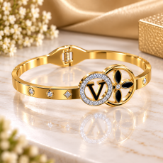 Golden V-Monogram Black Floral Crystal Bracelet