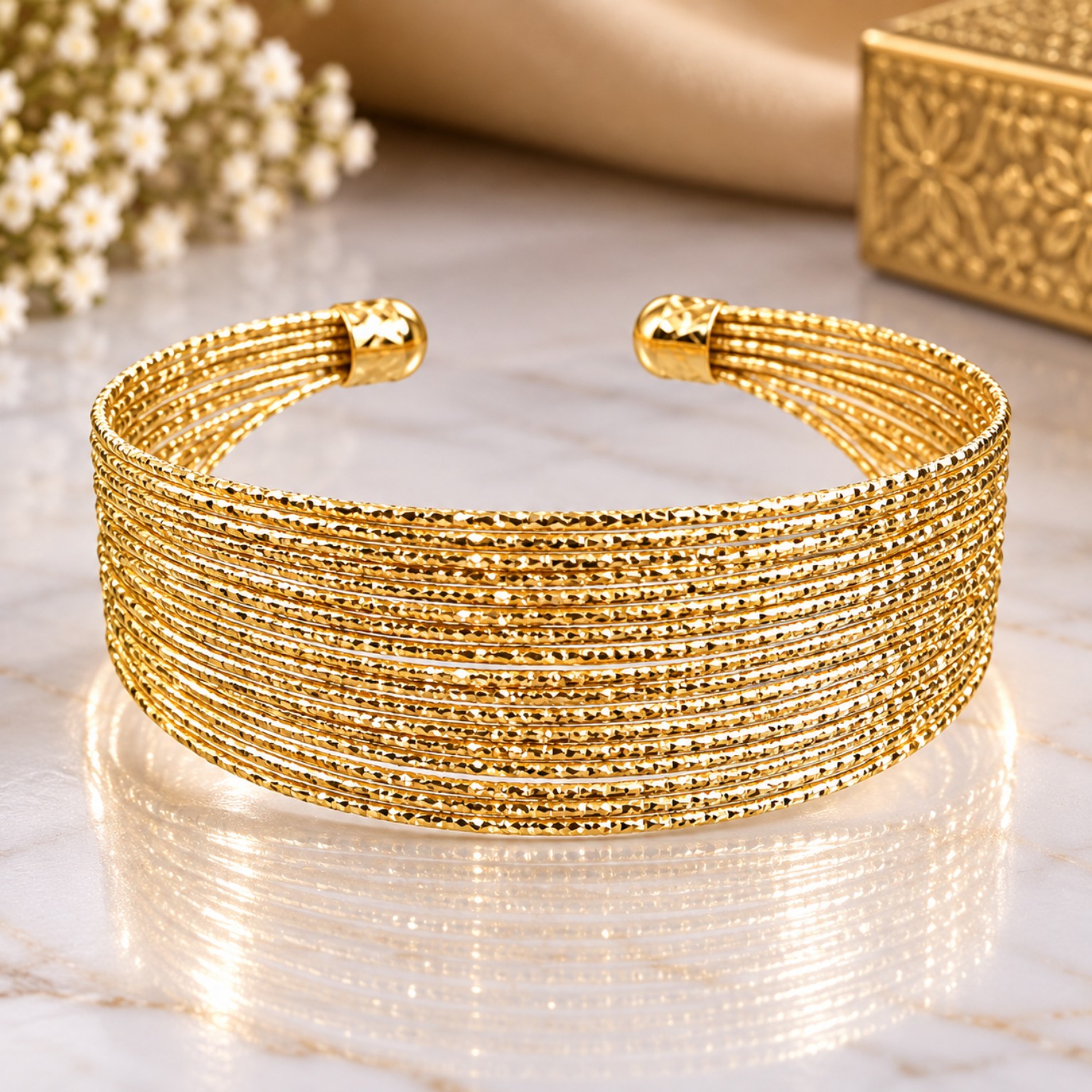 Golden Woven Multi-Strand Open Cuff Bracelet