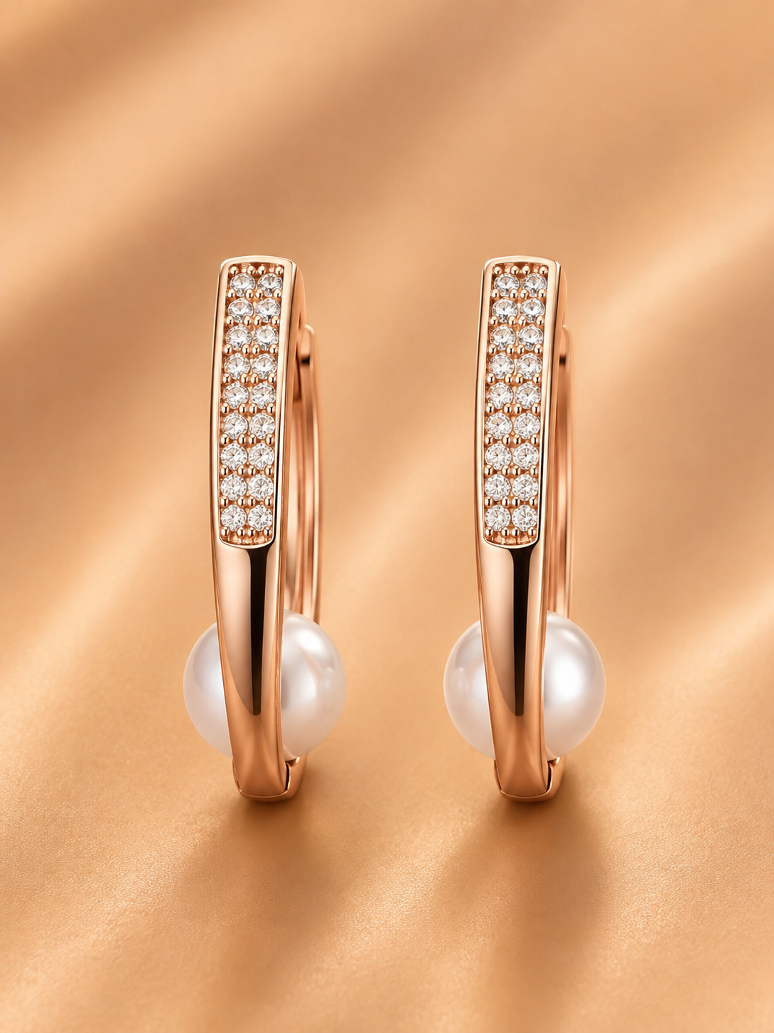 Rose-Gold Crystal Bar Pearl Hoop Earrings