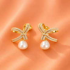 Crystal Bow Pearl Drop Gold-Tone Earrings