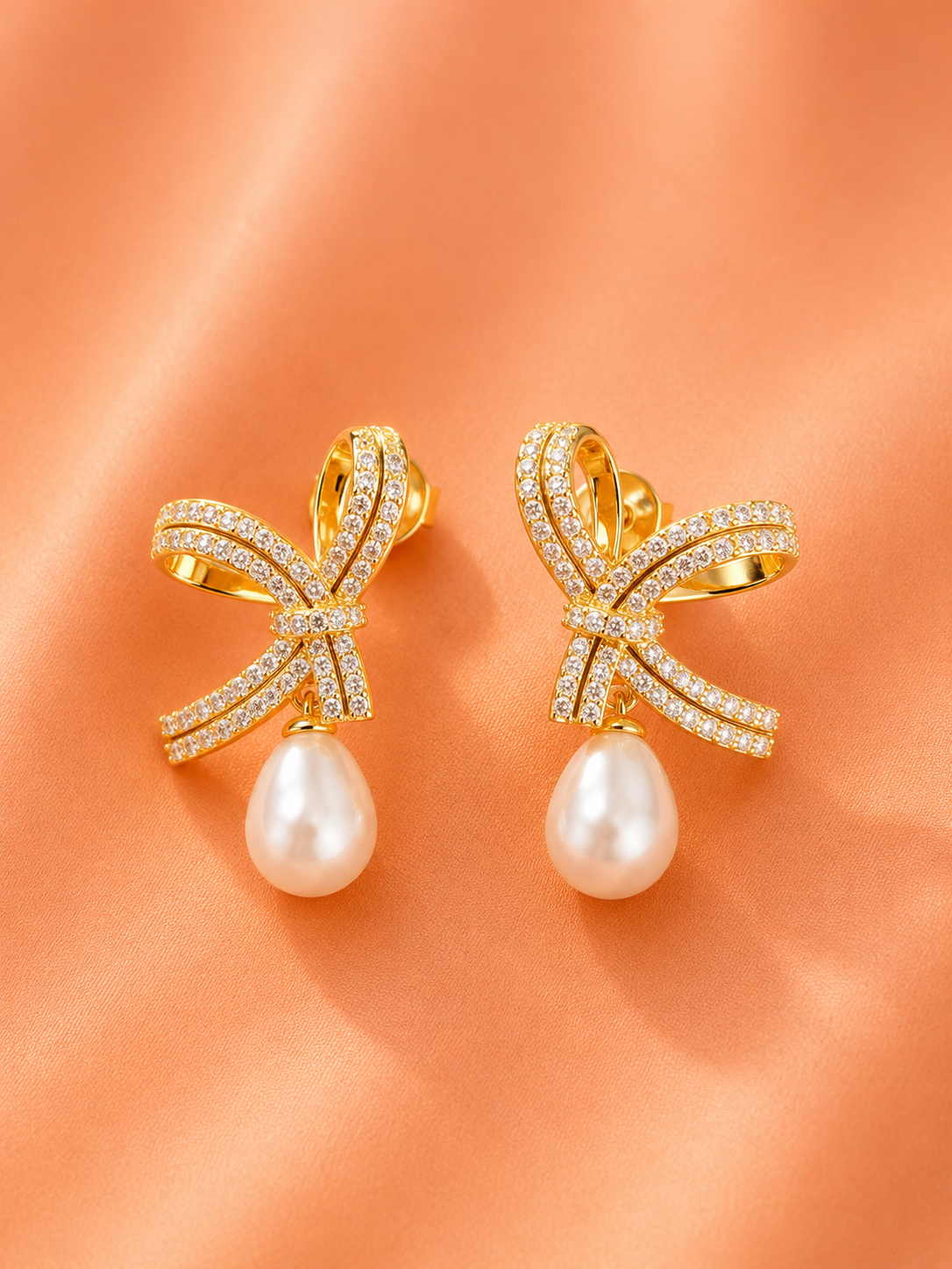 Crystal Bow Pearl Drop Gold-Tone Earrings