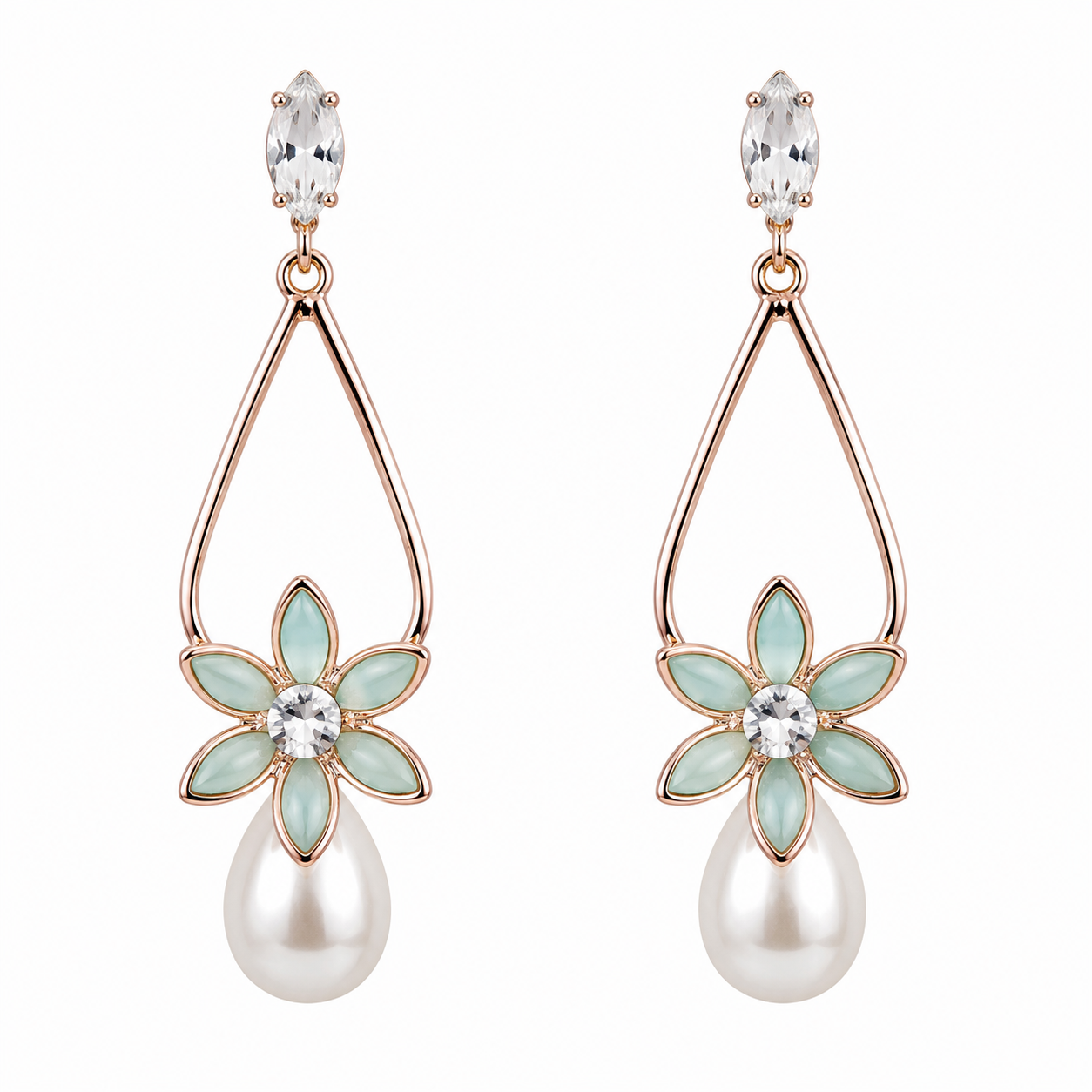 Mint Floral Pearl Drop Earrings