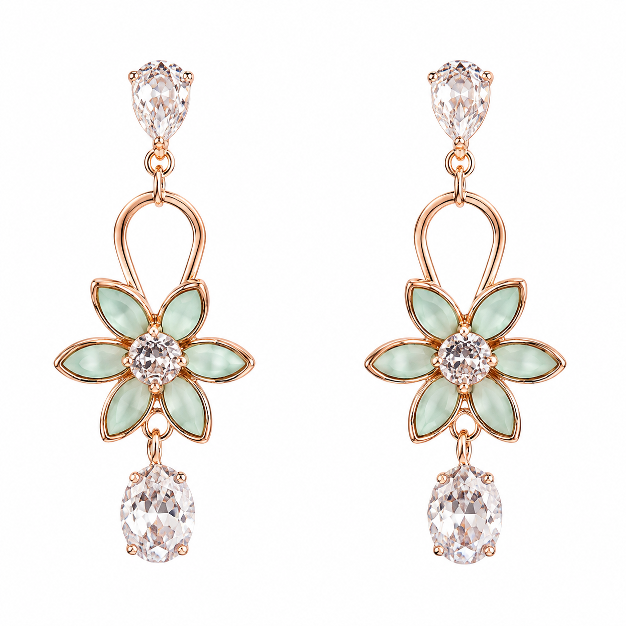 Mint Blossom Crystal Drop Rose-Gold-Tone Earrings