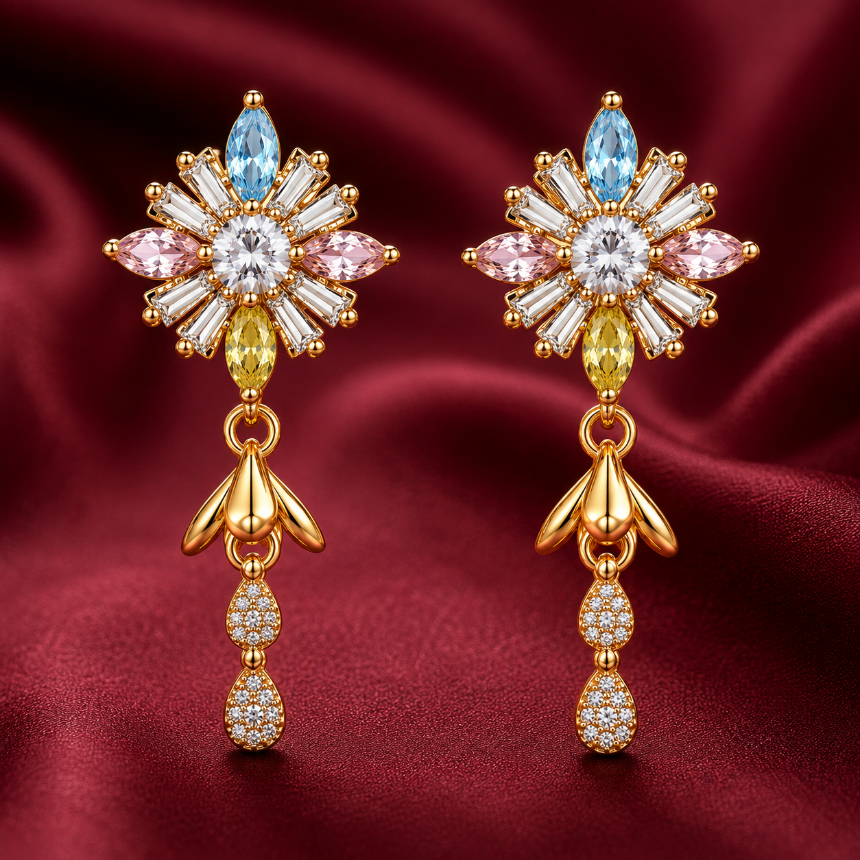 Multicolour Crystal-Style Starburst Drop Earrings