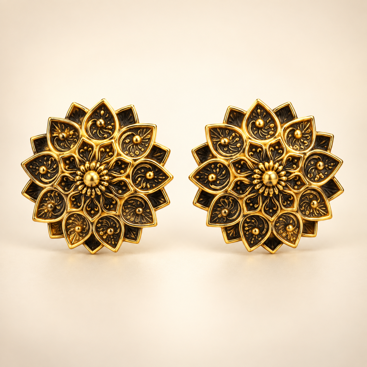 Antique Gold-Tone Floral Mandala Stud Earrings