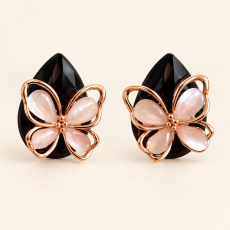 Blush Pink & Black Onyx Dual-Layer Butterfly Stud Earrings