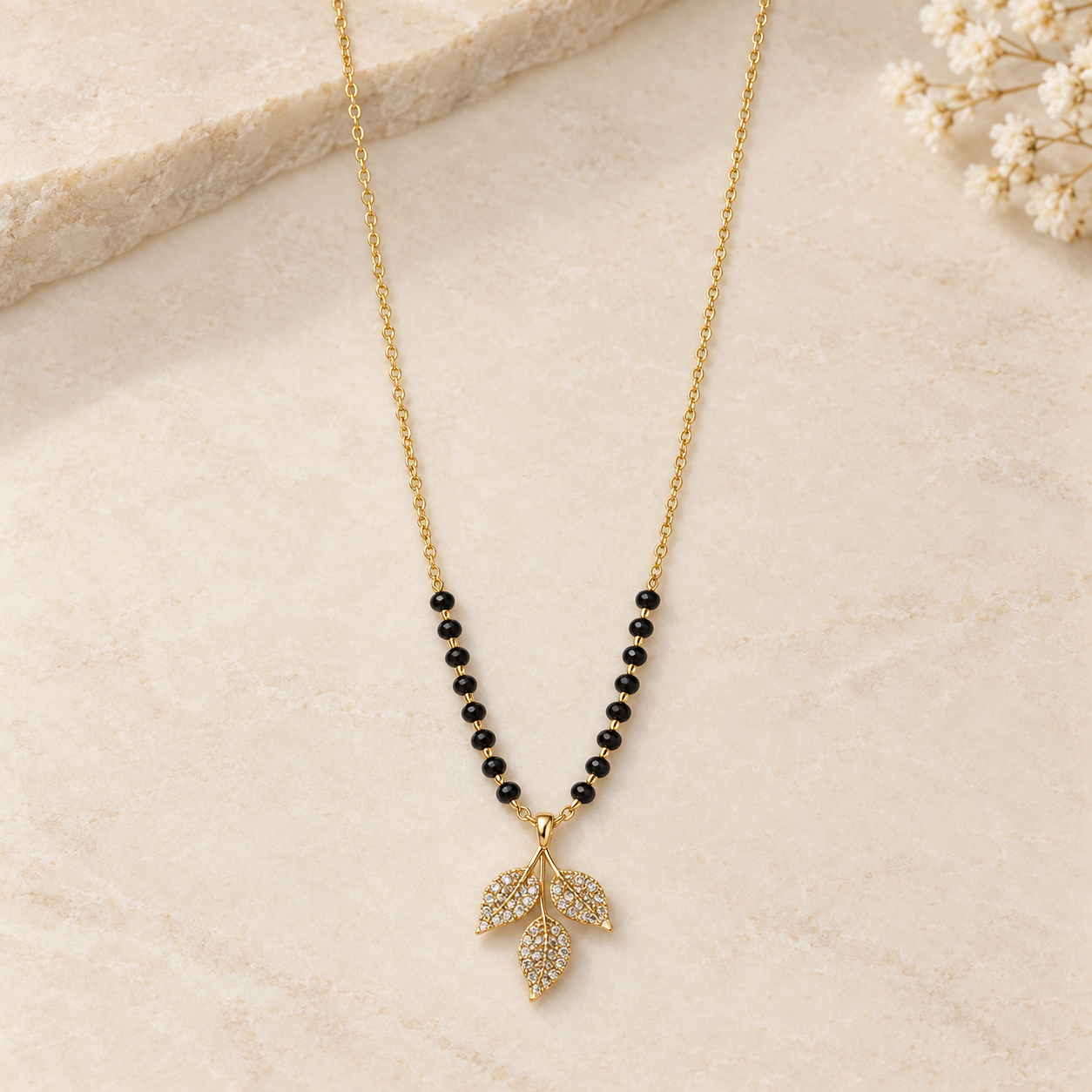 Elegant CZ Triple-Leaf Gold Mangalsutra