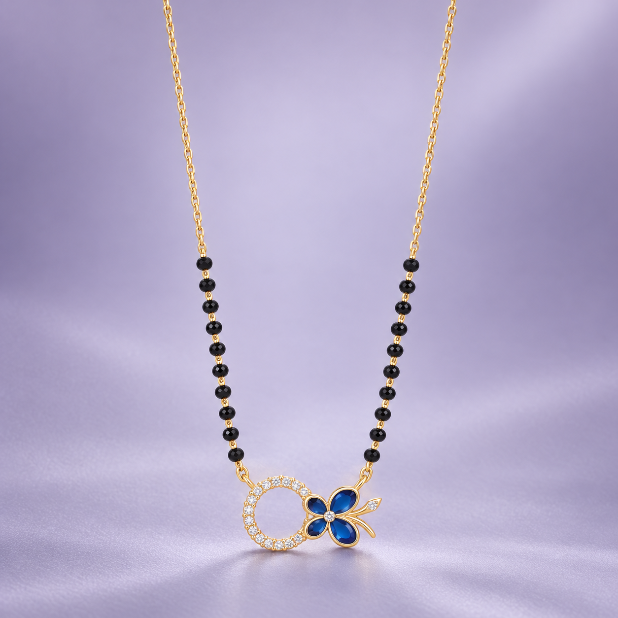 Modern Royal Blue Butterfly & Infinity Ring CZ Gold Mangalsutra