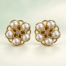 Gold Pearl Floral Cluster Stud Earrings