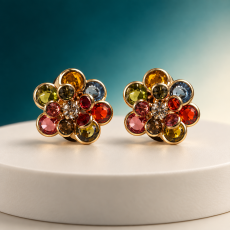 Multicolor Gemstone Floral Cluster Gold Stud Earrings