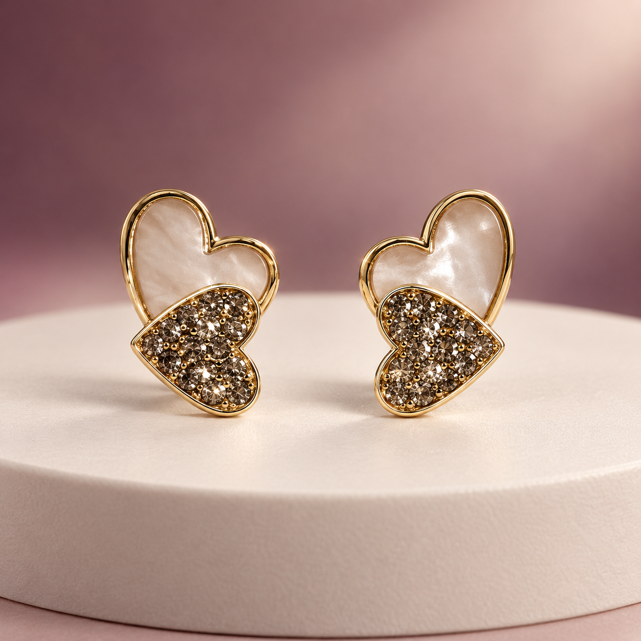 Dual Heart Shell & Pave CZ Gold Stud Earrings