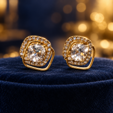 Classic Cushion-Cut Solitaire Halo Gold Stud Earrings