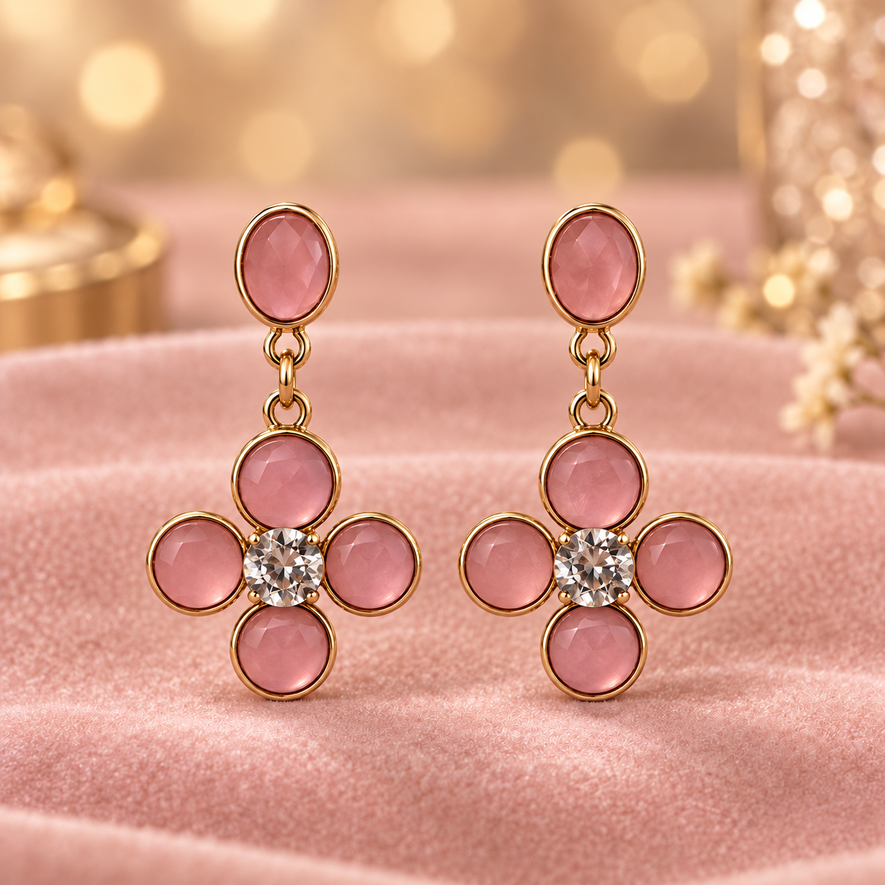 Blushing Pink Enamel Floral Drop Earrings