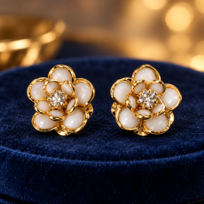 Ethereal White Enamel Floral Gold Stud Earrings