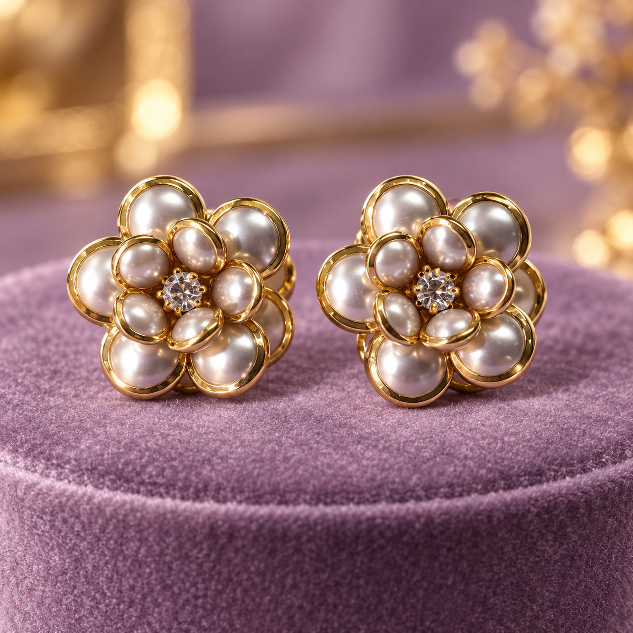 Luminous Pearl Flower Gold Stud Earrings