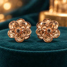 Smoky Quartz Crystal Floral Gold Stud Earrings